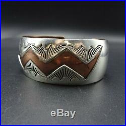 Signed Vintage NAVAJO Hand Stamped Sterling Silver and COPPER Cuff BRACELET