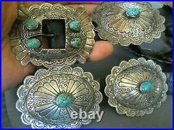 Southwestern Navajo Spiderweb #8 Turquoise Sterling Silver Stamped Concho Belt