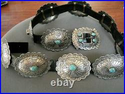 Southwestern Navajo Spiderweb #8 Turquoise Sterling Silver Stamped Concho Belt