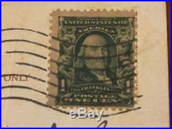 Stamp Vintage Ben Franklin 1 Cent US Postage Flag Cancelled 1908 with Postcard