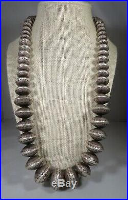 Sterling Silver Navajo Pearls Graduated stamped bench Bead Necklace 11 inch