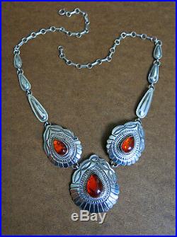 Suzie James Native American Sterling Silver & Amber Stamped Necklace