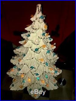 True Vintage Ceramic Lighted Christmas Tree 24 White-Gold/ Blue-Yellow Stamped