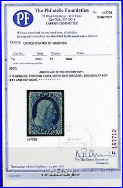 US #19 Used 1c Blue Franklin, Type Ia, from 1857 with PF Certificate