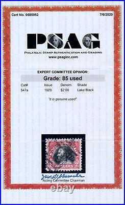 US 547a $2 1920 Benjamin Franklin lake & black PSAG grade 85 used