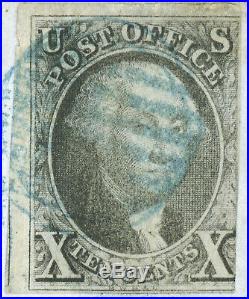 US SCOTT #2 1847 10c USED ON COVER 3 FULL MARGINS BLUE GRID CANCEL