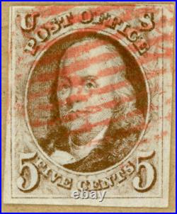 US Scott#1 1847 5c Franklin imperf, 3 wide margins, red grid cancel, sound