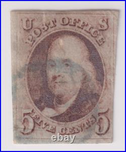 US Scott #1 Benjamin Franklin, Used with Blue Cancel. Hinge Remnant. CV $390