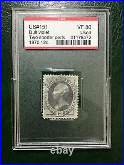 US Scott 151 12c Dull Violet Clay VF Used PSE Graded 80 Encapsulated Nice