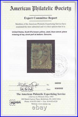 US Scott #67a George Washington Stamp, Used, Blue Cancel, APS Certified CV $1130