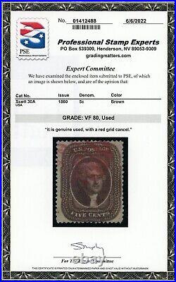 US Stamp #30A Jefferson 5c PSE Cert VF 80 Used Grid Cancel CV $375.00