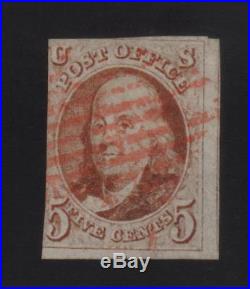 US Stamp Scott #1 1847 5c Franklin Used Sound nice red grid cancel