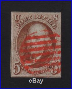 US Stamp Scott #1 1847 5c Franklin Used red grid cancel, nice appearance