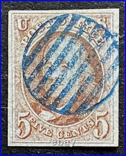 US Stamp, Scott #1 1847 5c'Used' blue grid cancel Franklin 2021 PSE GC VF 80