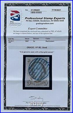 US Stamp, Scott #1 1847 5c'Used' blue grid cancel Franklin 2021 PSE GC VF 80
