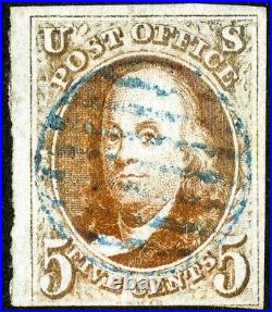 US Stamps # 1b 5c Franklin 1847 Used 4 Margins Orange Brown with PSE Certificate