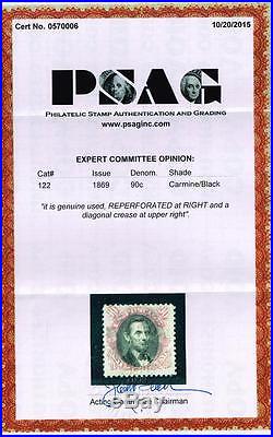 US stamp#122 90c Carmine & Black 1869 Pictorial issue used stamp + Certificate