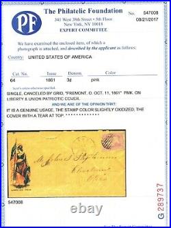 USA #64 Very Fine Used Pink On Union Patriotic Cover With Certificate