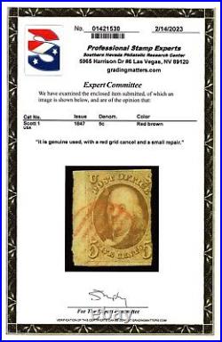 USA Scott #1 5c Franklin Stamp. Used. Red Grid Cancel. PSE Certified. CV $350