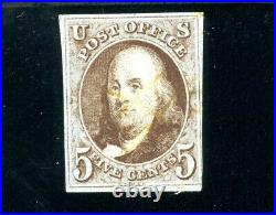 USAstamps Used VF US 1847 Franklin Imperforate 1st Stamp Scott 1 light Cancel