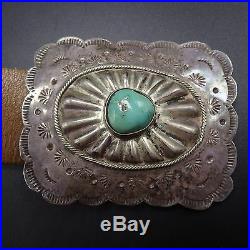 VERY WIDE Vintage NAVAJO Hand Stamped Sterling Silver & TURQUOISE Concho BELT
