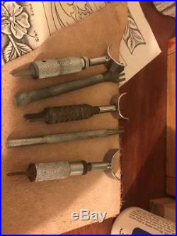 VTG Leather Craftool Stamping Tools Leather Craft Tree Wood Holder LOT Fiebings