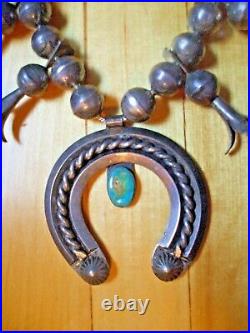 VTG Navajo 120g Turquoise Squash Blossom Necklace Stamped Bench Beads Old Pawn
