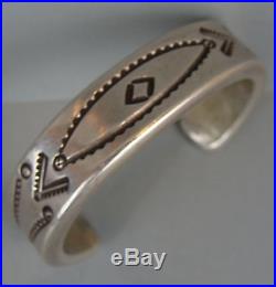 Very Collectible Vintage Navajo MARK CHEE Thick Heavy Silver Stamped Bracelet