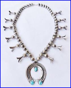 Vintage 1940's Navajo Stamped Beads Squash Blossom Necklace Turquoise Sterling
