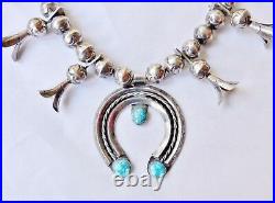 Vintage 1940's Navajo Stamped Beads Squash Blossom Necklace Turquoise Sterling