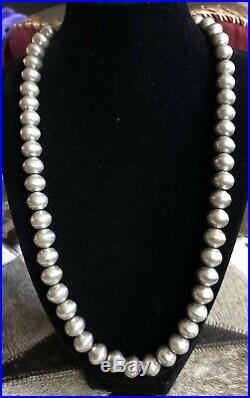 Vintage Handmade Navajo 925 Sterling Silver Stamped Pearl Bead Necklace 22.5