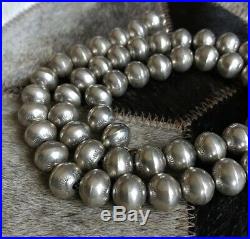 Vintage Handmade Navajo 925 Sterling Silver Stamped Pearl Bead Necklace 22.5