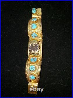 Vintage J TOADLENA HEAVY WATCH BAND BRACELET 12k Gold Filled Turquoise Navajo