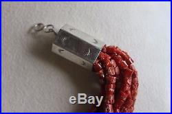 Vintage Large NAVAJO RED CORAL Big Stamped Sterling Silver Clasp Bead Necklace