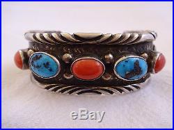 Vintage NAVAJO Hand-Stamped Sterling Silver CORAL & TURQUOISE Cuff BRACELET
