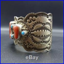 Vintage NAVAJO Hand-Stamped Sterling Silver CORAL & TURQUOISE Cuff BRACELET