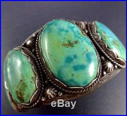 Vintage NAVAJO Hand Stamped Sterling Silver & FOX TURQUOISE Cuff BRACELET 102g