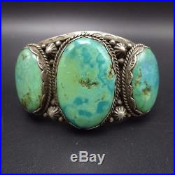 Vintage NAVAJO Hand Stamped Sterling Silver & FOX TURQUOISE Cuff BRACELET 102g