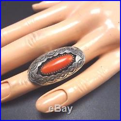 Vintage NAVAJO Hand Stamped Sterling Silver & Red CORAL Shadowbox RING, size 5.5