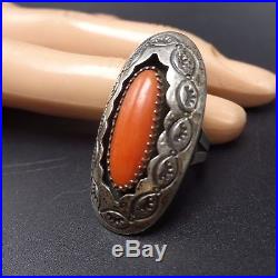 Vintage NAVAJO Hand Stamped Sterling Silver & Red CORAL Shadowbox RING, size 5.5