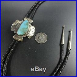 Vintage NAVAJO Hand-Stamped Sterling Silver TURQUOISE BOLO, Black Leather Cord