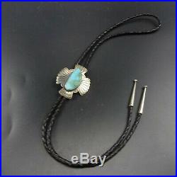 Vintage NAVAJO Hand-Stamped Sterling Silver TURQUOISE BOLO, Black Leather Cord