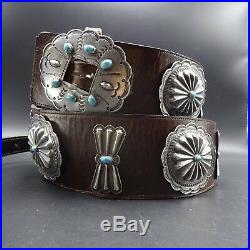 Vintage NAVAJO Hand Stamped Sterling Silver & TURQUOISE CONCHO BELT