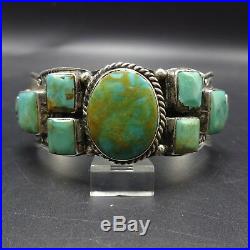 Vintage NAVAJO Hand-Stamped Sterling Silver TURQUOISE Cuff BRACELET Square Cabs