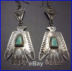 Vintage NAVAJO Hand Stamped Sterling Silver & TURQUOISE EARRINGS Thunderbirds