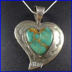 Vintage NAVAJO Hand-Stamped Sterling Silver TURQUOISE HEART PENDANT + 18 Chain