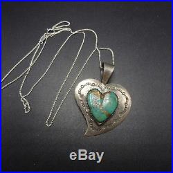 Vintage NAVAJO Hand-Stamped Sterling Silver TURQUOISE HEART PENDANT + 18 Chain