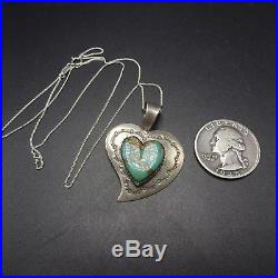 Vintage NAVAJO Hand-Stamped Sterling Silver TURQUOISE HEART PENDANT + 18 Chain