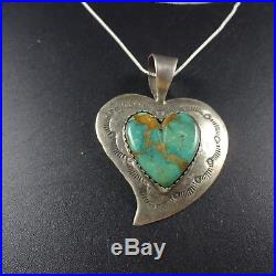 Vintage NAVAJO Hand-Stamped Sterling Silver TURQUOISE HEART PENDANT + 18 Chain