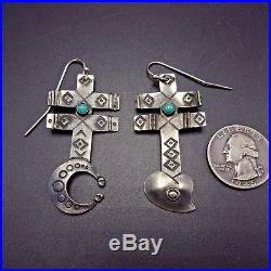 Vintage NAVAJO Hand Stamped Sterling Silver & TURQUOISE Pueblo Cross EARRINGS